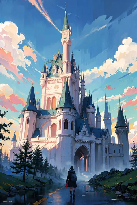 (masterpiece),(best quality:1.0), (ultra highres:1.0), detailed illustration,  dreaming, forest, detailed sky, (mysterious huge castle)