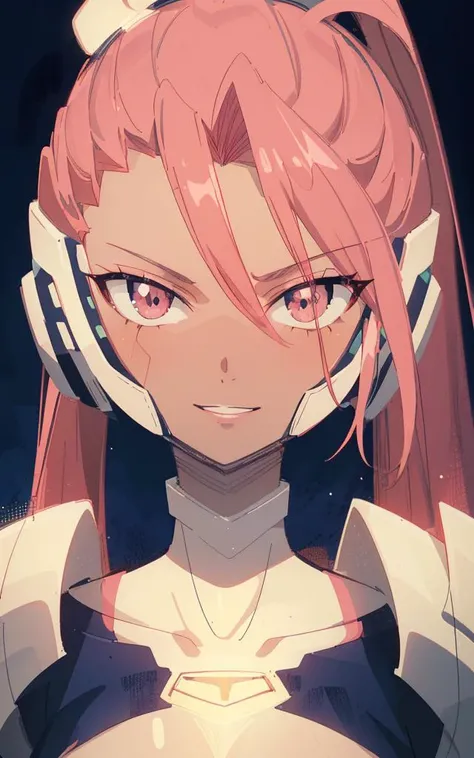 (((dark tanned skin))), valrie, medium view, smiling, a woman with (((a pink high ponytail hair))), (((a lock of hair that hangs over the left side of her face))), hazel eyes, in a white armored dark blue bodysuit, (((seam line on her face that goes through her right eye))), 8k, Unreal Engine 5, octane render, by kyun, gamang, Yoon Gon-Ji, g.ho, gosonjak, shuroop, serious, domi, noah, trending on pixiv, fanbox, skeb, masterpiece, smooth soft skin, big dreamy eyes, beautiful intricate colored hair, symmetrical, anime wide eyes, soft lighting, concept art, digital painting, <lora:valrie:0.7>