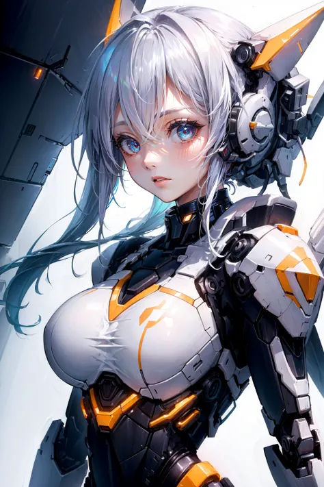 cgmech, upper body, portrait, robot,white orange armor, white shimmering hair, neon light, 8K, RAW, best quality, masterpiece, ultra high res, colorful, (medium wide shot), (dynamic perspective), sharp focus ,depth of field, extremely detailed eyes and face, beautiful detailed eyes,large breasts,(black gold, trimmed gear:1.2),(In a futuristic weapons factory:1.2), ((masterpiece, best quality)), <lora:cgmechmix_offset:1><lora:more_details:0.3> Detailed background, spaceship interior