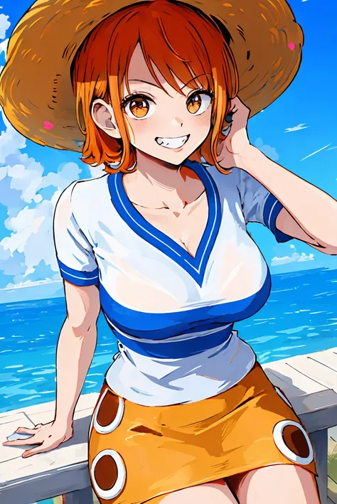 (Masterpiece:1.4), (best quality:1.4), ultra highres,1girl,solo,extremely detailed,8k, beautiful, detailed eyes, looking at viewer, strong dark colors, (depth of field), (dynamic), (epic), sharp focus, (intricate details:1.2), Full color, nami \(one piece\),(one piece),(strong pose:1.4),<lora:nami_pre_timeskip_offset:1.3>,short hair, arm support, asymmetrical bangs, bangs, blue shirt, white shirt, yellow skirt, collarbone, day, hair behind ear, large breasts, looking at viewer, miniskirt, toothy smile, orange eyes, orange hair, shirt, short sleeves, ((sitting)), skirt, two-tone shirt,((straw hat)),