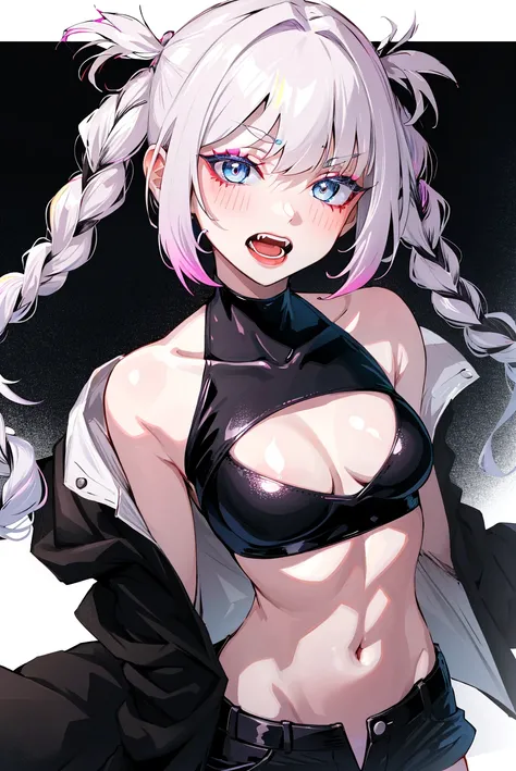 nanakusa nazuna, 1girl, bangs, black background, black jacket, black shirt, black shorts, blue eyes, blunt bangs, breasts, cleavage cutout, clothing cutout, crop top, eyeshadow, fangs, gradient hair, grey hair, hair rings, jacket, light purple hair, looking at viewer, makeup, multicolored hair, navel, open mouth, red eyeshadow, shirt, shorts, sleeveless, sleeveless turtleneck, sleeveless turtleneck crop top, small breasts, solo, stomach, turtleneck, turtleneck crop top, two-tone hair, vampire, ((masterpiece)) <lora:nanakusa_nazuna_offset:1>