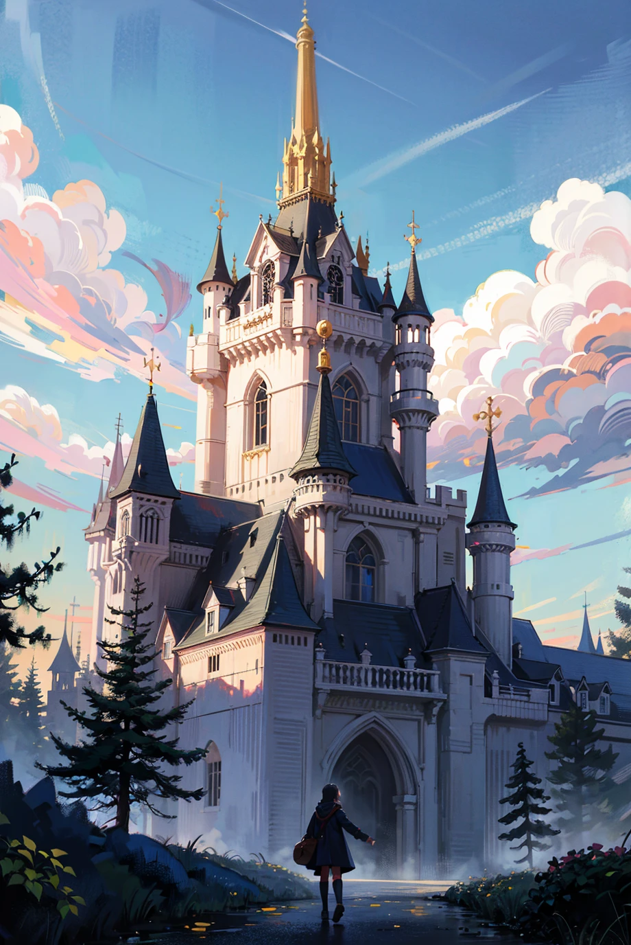 (masterpiece),(best quality:1.0), (ultra highres:1.0), detailed illustration, dreaming, forest, detailed sky, (mysterious huge castle)