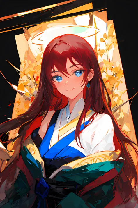 ((masterpiece, best quality)), vivid color, (1woman, mature), long hair, (((dark) red hair)), beautiful hair, red blue eyes, beautiful eyes, eye highlights, sharp eyes, off shoulder, slight smile, hair is tied into two tails, straight hair, Japanese style dress for its beauty and elegance, looking at the viewer, clear, ultra realistic 8k cg, intricate detail, chromatic aberration, <lora:Style_v20:1>, dark background,