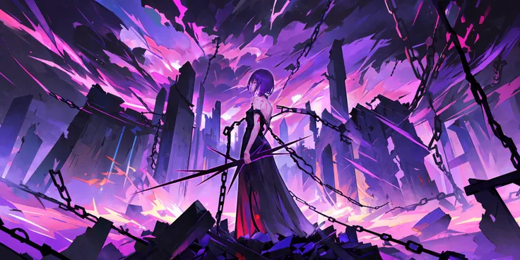 masterpiece,best quality,(Open space:1.3),1girl,Black low-cut dress,solo, standing, purple hair, short hair,bare shoulder,Psychedelic landscape,Colorful,Silhouette,(Purple Lightning,Purple Thundercloud:1.2),(dark background, chains:1.3),Long view,Ruins of ancient,ruined eaves and broken walls buildings,withered tree(Ancient Battlefield,Broken Weapons:1.3),Bloodbath
