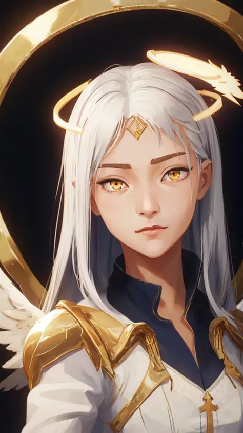 masterpiece, best quality, ultra-detailed, illustration, close-up, straight on, face focus, 1girl, white hair, golden eyes, long hair, halo, angel wings, serene expression, looking at viewer <lora:arcane_offset:1>