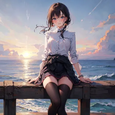 masterpiece, best quality, eririschool, 1girl, solo, ocean, black thighhighs, skirt, clothes around waist,