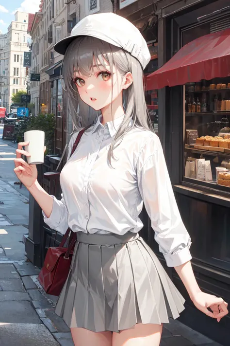 masterpiece, high quality, best quality, beautiful, hd, perfect lighting, detailed face, detailed body, 1 girl, solo, (long gray hair), brown eyes, medium breasts, ((white underwear)), ((short gray skirt)), (gray hat), in front of a cafe,