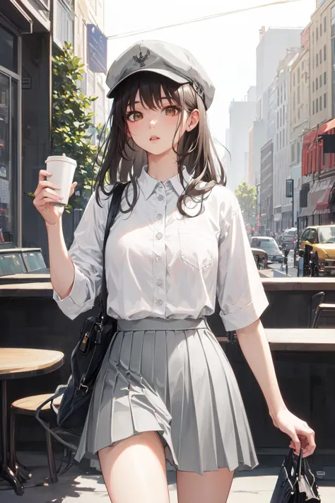 masterpiece, high quality, best quality, beautiful, hd, perfect lighting, detailed face, detailed body, 1 girl, solo, (long gray hair), brown eyes, medium breasts, ((white underwear)), ((short gray skirt)), (gray hat), in front of a cafe,
