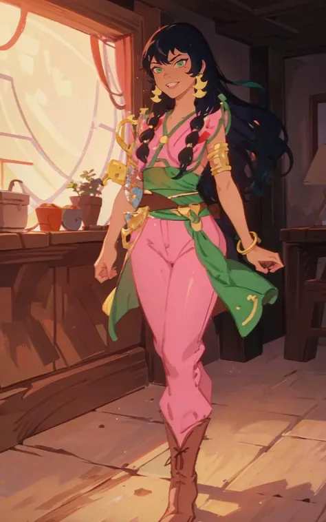 anime, tanned skin, tula, woman, black hair and pink outfit, green eyes, golden earrings, green sash, brown boots, smiling, 8k, Unreal Engine 5, octane render, by kyun, gamang, Yoon Gon-Ji, g.ho, gosonjak, shuroop, serious, domi, noah, trending on pixiv, fanbox, skeb, masterpiece, smooth soft skin, big dreamy eyes, beautiful intricate colored hair, anime wide eyes, soft lighting, concept art, digital painting, <lora:tula:0.7>