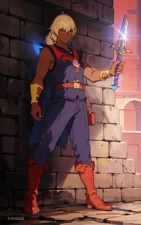 (((dark skin))), ren, man, a cartoon character with blonde low ponytail hair and purple outfit, blue eyes, golden armlets, golden earring on a left ear only, red boots, holding a broken sword in his hand, 8k, Unreal Engine 5, octane render, by seunghee lee, Jang Tae-Hwan, Chocofing R, seungho lee, trending on pixiv, fanbox, skeb, masterpiece, smooth soft skin, big dreamy eyes, beautiful intricate colored hair, anime wide eyes, soft lighting, concept art, digital painting, <lora:ren:0.7>, <lora:Weapon:0.7>