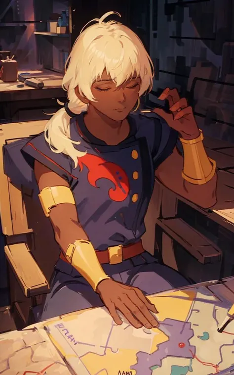 hand, (((dark skin))), ren, man, a cartoon character with blonde low ponytail hair and purple outfit, closed eyes, golden armlets, golden earring on a left ear only, sitting, with a map at his hands, 8k, Unreal Engine 5, octane render, by seunghee lee, Jang Tae-Hwan, Chocofing R, seungho lee, trending on pixiv, fanbox, skeb, masterpiece, smooth soft skin, big dreamy eyes, beautiful intricate colored hair, anime wide eyes, soft lighting, concept art, digital painting, <lora:ren:0.7>,