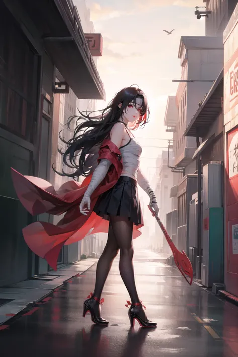 <lora:nar_kurenai_yuhi-10:1>,nar_kurenai_yuhi,forehead protector,bandages,red eyes,makeup, fishnets,walking, looking at viewer, shot from side