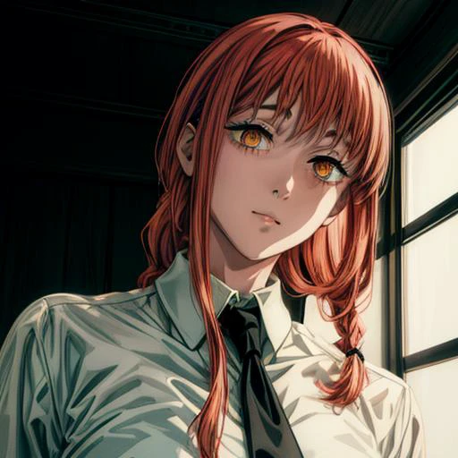 (((masterpiece))),best quality, hyper detailed, Cinematic light, intricate_detail, highres, official art, finely detailed beautiful eyes, high resolution illustration, 8k,1girl, dynamic pose,cinematic lighting, dynamic angle, intricate details,light particles,reflective hair, looking at you,textured hair, <lora:more_details:1> ,<lora:easynegative:0.8>, full body,makima \(chainsaw man\),red hair, long braided hair, golden eyes, bangs, medium breasts, white shirt,necktie <lora:MakimaTestV1:1.2>