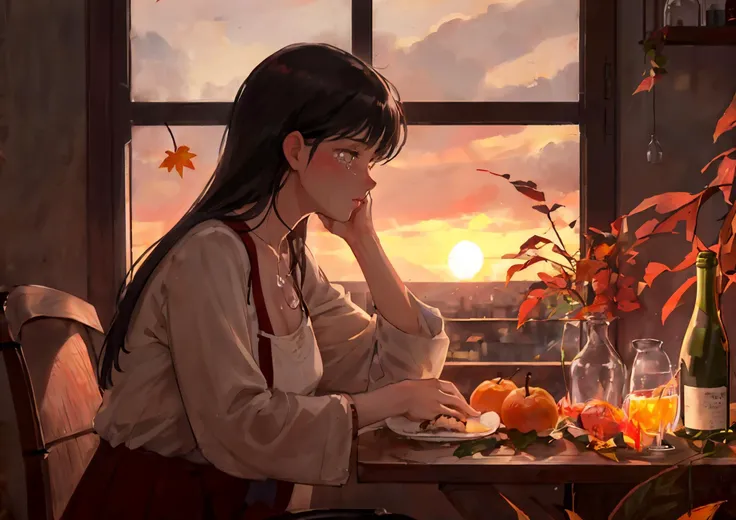 a woman sitting on a window sill next to a bottle of wine and a bottle of wine in front of her,global illumination,a painting,romanticism,
retro artstyle, Takata Akemi, beautiful, masterpiece, best quality, detailed face, perfect lighting,
1girl, solo,cute, kawaii,lonely,lovestruck, blush,Mature ,beautiful woman   ,(crying with eyes open:1.2), long black hair, messy bangs, ,
,autumn,,blurry,blurry_foreground,bottle,goblet,depth_of_field,fire,food,fruit,leaf,long_hair,looking_at_viewer,plant,potted_plant,sunset,breeze,
, <lora:akemiTakada1980sStyle_1:0.6:MIDD>,