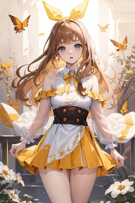 masterpiece, best quality, highres, yuuko1, 1girl, solo, green eyes, long hair, brown hair, yellow_hair_ribbon, bangs, eyebrows, <lora:yoshikawa_yuuko_v1:0.6>, thighs
