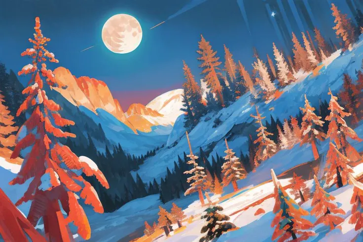 <hypernet:Style-Winter:1> winter, snow storm, bird eye view, view from far above, taiga forest on low ground, mountain on background, sun, moon, stars <lora:kikuchi_milo-10:1>