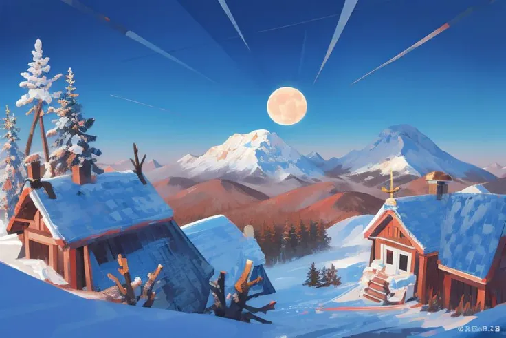 <hypernet:Style-Winter:1> winter, snow storm, bird eye view, view from far above, taiga forest on low ground, mountain on background, sun, moon, stars <lora:kikuchi_milo-10:1>