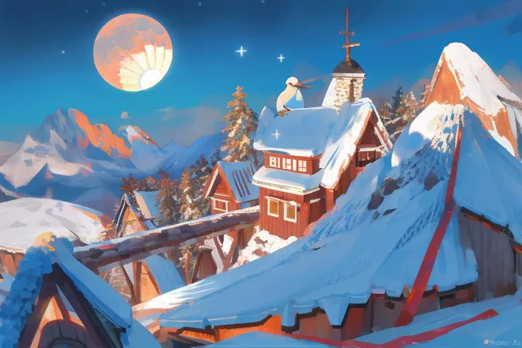 <hypernet:Style-Winter:1> winter, snow storm, bird eye view, view from far above, taiga forest on low ground, mountain on background, sun, moon, stars <lora:kikuchi_milo-10:1>