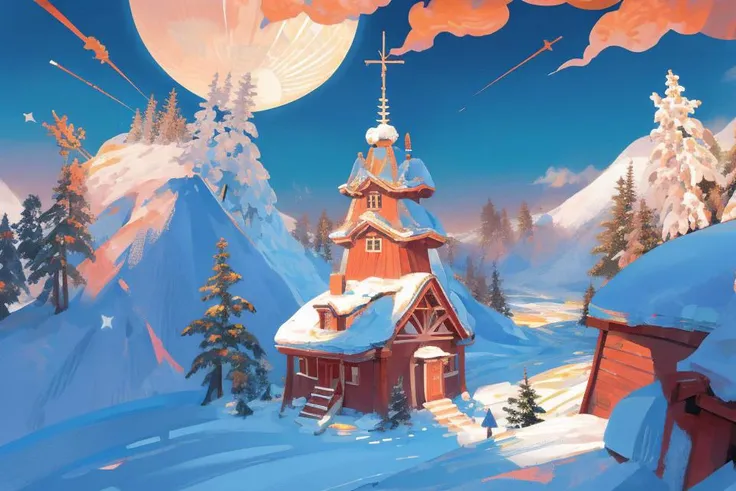 <hypernet:Style-Winter:1> winter, snow storm, bird eye view, view from far above, taiga forest on low ground, mountain on background, sun, moon, stars <lora:kikuchi_milo-10:1>
