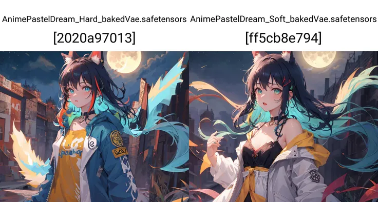 (masterpiece, best quality, extremely detailed CG, beautiful detailed eyes, ultra-detailed, intricate details:1.2), 8k wallpaper, elaborate features,
(1girl, solo:1.4), (multicolored hair:1.2),(blue hair:1.2), long hair, streaked hair, halo, looking at viewer, animal ears, green eyes,earring, blue jacket, choker,upper body, floating hair, open jacket,
night, full moon,outdoors,