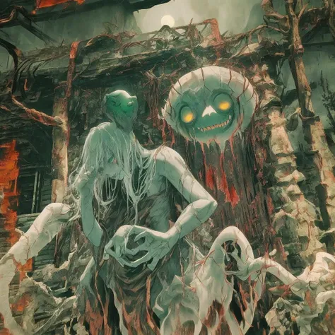 haunted house with blood on the pathway, ethereal ghost translucent dragons coming out of the chimney breathing stardust, deep claw marks everywhere, the sun is setting casting an eerie glow of death in the sky, a green and blue hued mist creeps in from the dirt streets, this place is evil and haunted, ultra detailed, 8k