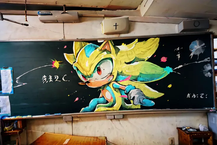 Highly detailed, High Quality, Masterpiece, beautiful, SuperSonic,  <lora:Sonic:0.8>, chalkboard, traditional media, <lora:Pos_BlackboardDrawing:1>