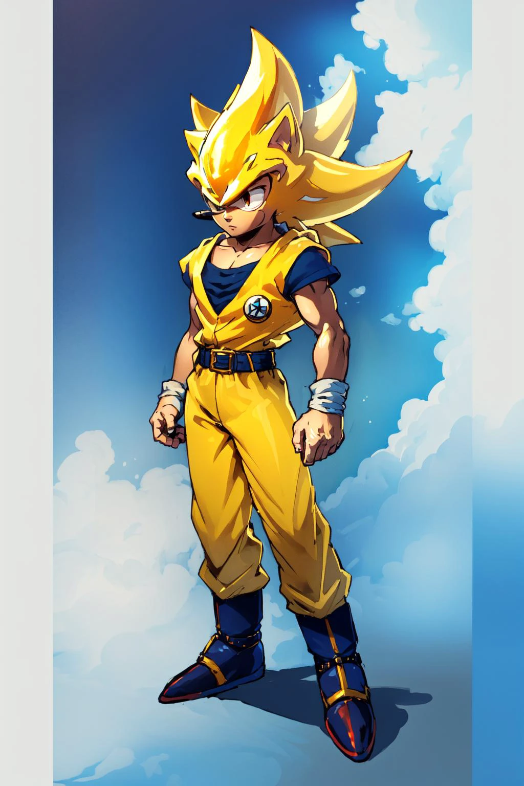 (masterpiece, best quality), intricate details,
<lora:Sonic:0.8> SuperSonic, yellow fur,
<lora:SonGokusOutfit:0.8> TurtleSchoolUniform, dougi, belt, orange pants, blue footwear,