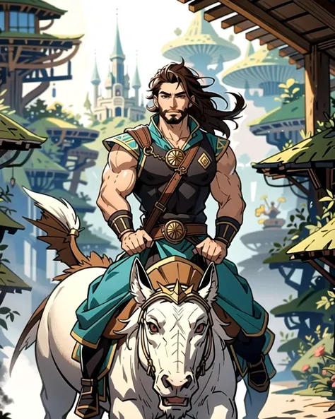 ((masterpiece), best quality, high quality, professional quality, highly detailed, highres, perfect lighting, natural lighting), (1boy, muscular, handsome, facial hair, medium length hair, brown hair), wearing fantasy clothing, riding a dragon, in a fantasy town