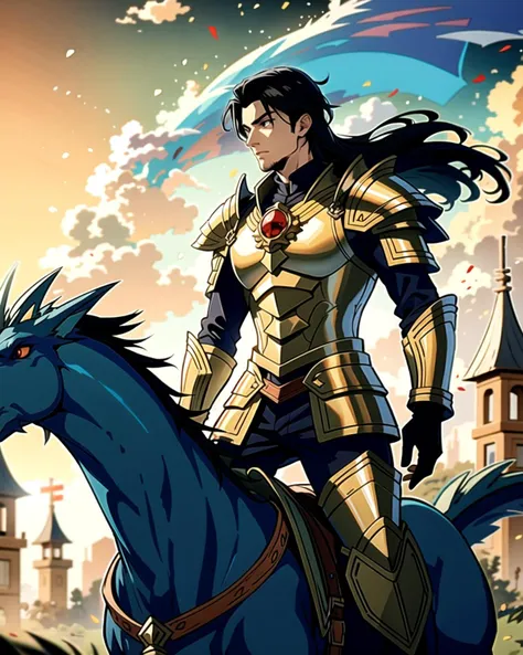 ((masterpiece), best quality, high quality, professional quality, highly detailed, highres, perfect lighting, natural lighting), (1boy, slender, handsome, no facial hair, medium length hair, black hair), wearing armor, riding a dragon, outdoors