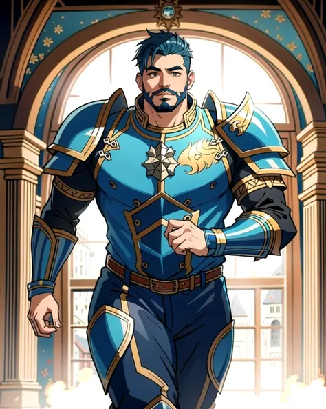 ((masterpiece), best quality, high quality, professional quality, highly detailed, highres, perfect lighting, natural lighting), (1boy, overweight, handsome, facial hair, short hair, blue hair), wearing armor, running, in a castle