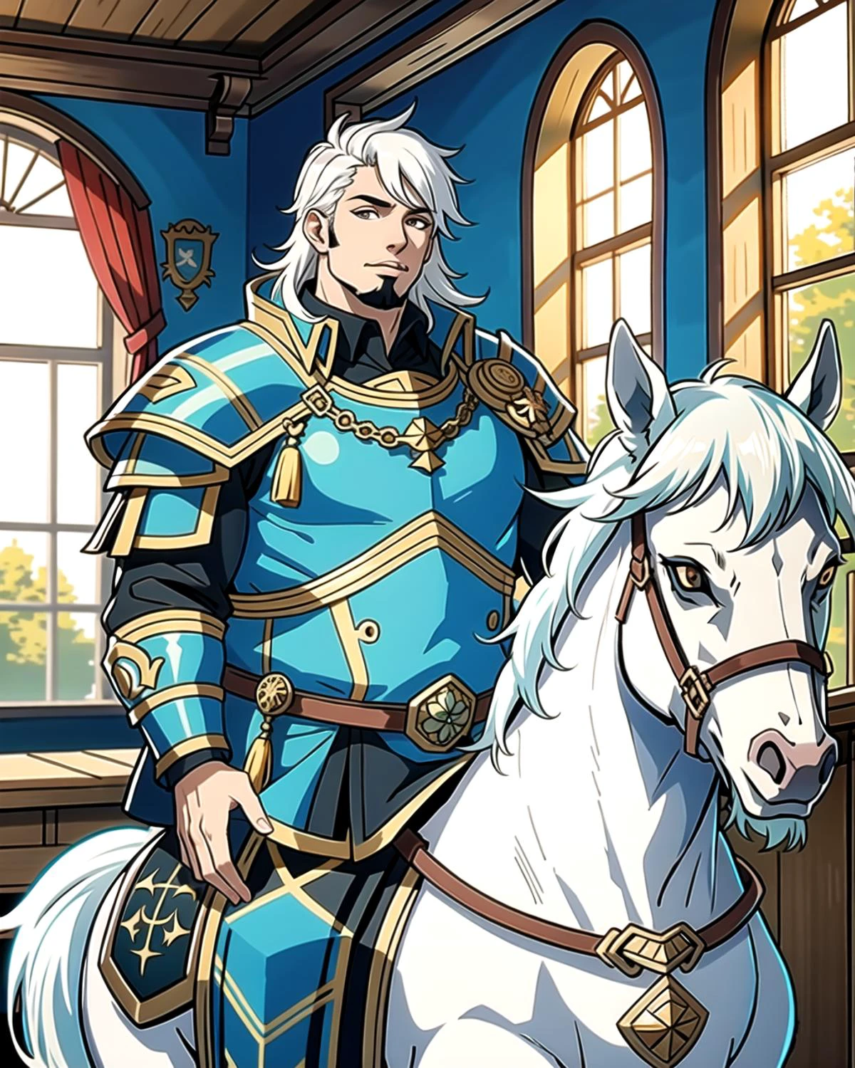 ((masterpiece), best quality, high quality, professional quality, highly detailed, highres, perfect lighting, natural lighting), (1boy, overweight, handsome, goatee, medium length hair, white hair), wearing armor, riding a horse, in a castle