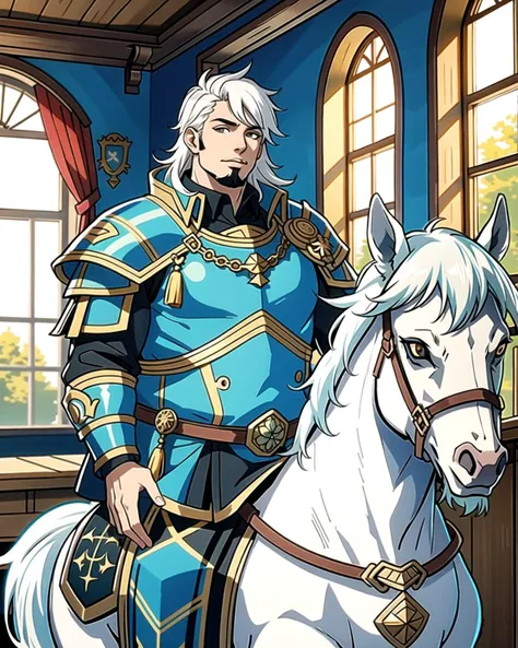 ((masterpiece), best quality, high quality, professional quality, highly detailed, highres, perfect lighting, natural lighting), (1boy, overweight, handsome, goatee, medium length hair, white hair), wearing armor, riding a horse, in a castle