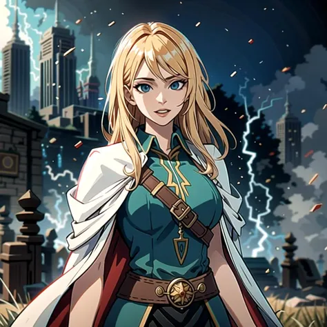((masterpiece), best quality, high quality, professional quality, highly detailed, highres, perfect lighting, natural lighting), young wizard, wearing elegant clothing, casting a lightning spell, on battlefield