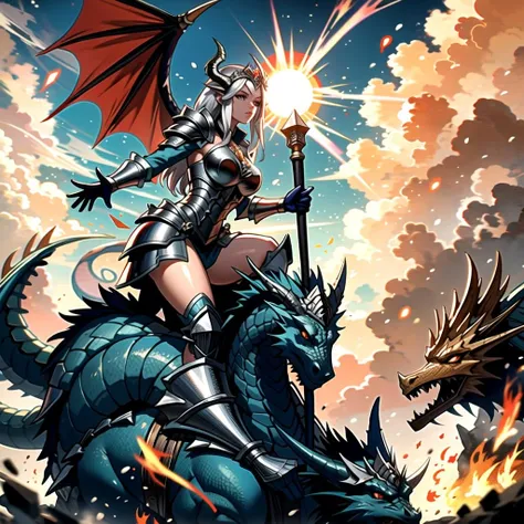 ((masterpiece), best quality, high quality, professional quality, highly detailed, highres, perfect lighting, natural lighting), silver dragon, (1girl, wearing armor, sitting on dragon, dragon rider, holding weapon), flying, flames, magic, clouds, sun in background
