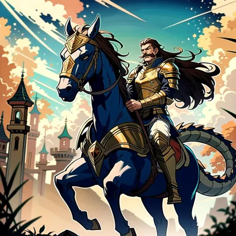 ((masterpiece), best quality, high quality, professional quality, highly detailed, highres, perfect lighting, natural lighting), (1boy, slender, handsome, mustache, long hair, brown hair), wearing armor, riding a dragon, outdoors