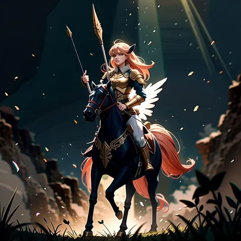 ((masterpiece), best quality, high quality, professional quality, highly detailed, highres, perfect lighting, natural lighting), female centaur, charging, bow and arrow drawn, in battle against army