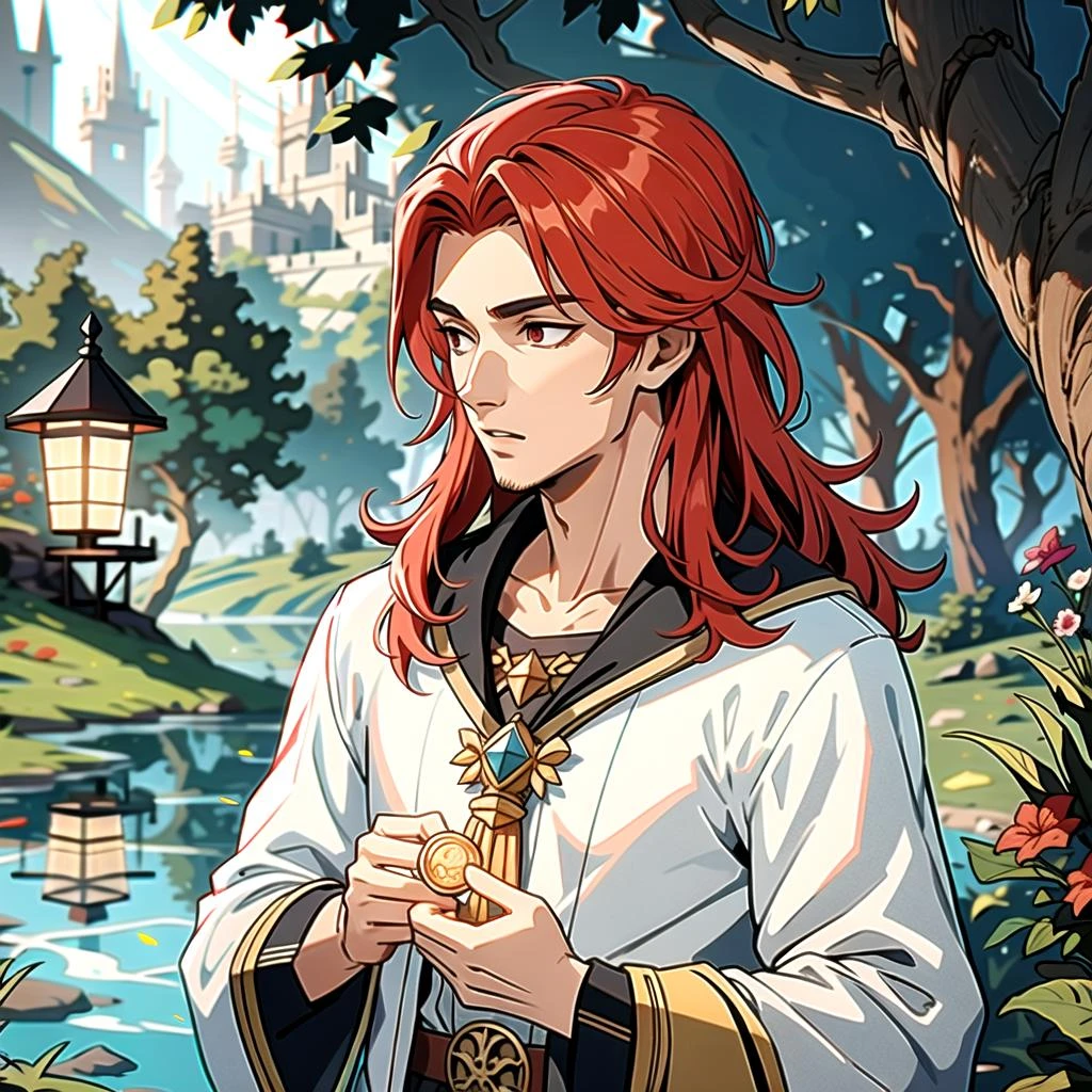 ((masterpiece), best quality, high quality, professional quality, highly detailed, highres, perfect lighting, natural lighting), (1boy, slender, handsome, no facial hair, medium length hair, red hair), wearing fantasy clothing, casting a spell, by a lake