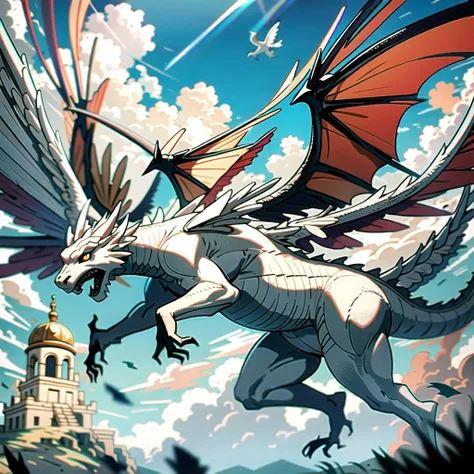 ((masterpiece), best quality, high quality, professional quality, highly detailed, highres, perfect lighting, natural lighting), white dragon, flying in sky, clouds, day