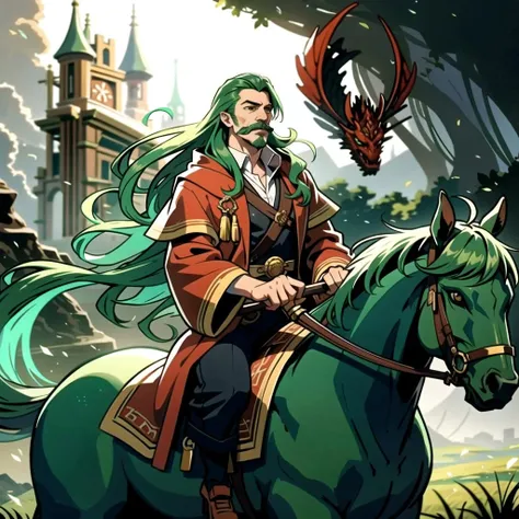 ((masterpiece), best quality, high quality, professional quality, highly detailed, highres, perfect lighting, natural lighting), (1boy, slender, handsome, mustache, long hair, green hair), wearing wizard robes, riding a dragon, on a battlefield
