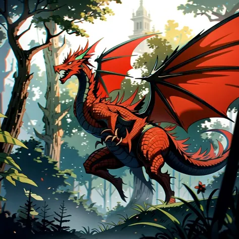 ((masterpiece), best quality, high quality, professional quality, highly detailed, highres, perfect lighting, natural lighting), red dragon, soaring over forest, lush green trees