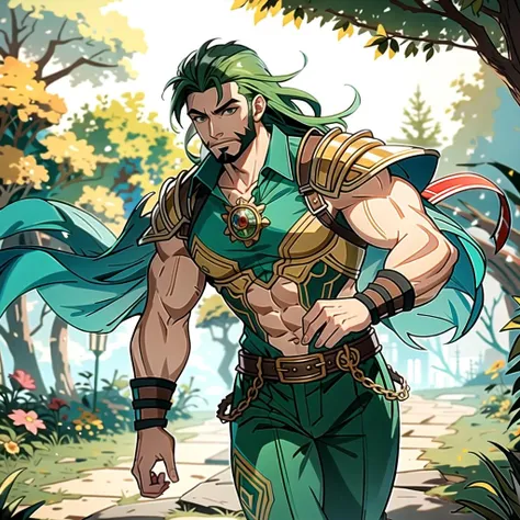 ((masterpiece), best quality, high quality, professional quality, highly detailed, highres, perfect lighting, natural lighting), (1boy, muscular, handsome, facial hair, medium length hair, green hair), wearing fantasy clothing, running, outdoors