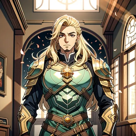 ((masterpiece), best quality, high quality, professional quality, highly detailed, highres, perfect lighting, natural lighting), (1boy, slender, handsome, no facial hair, long hair, blonde hair), wearing armor, casting a spell, in a castle