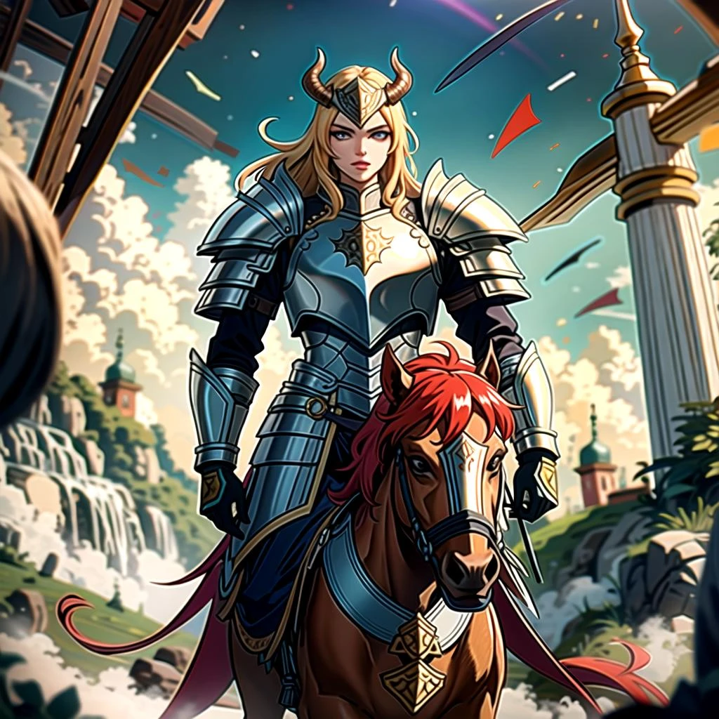 ((masterpiece), best quality, high quality, professional quality, highly detailed, highres, perfect lighting, natural lighting), knight, wearing armor, holding weapon, horseback, stallion, battle against minotaur