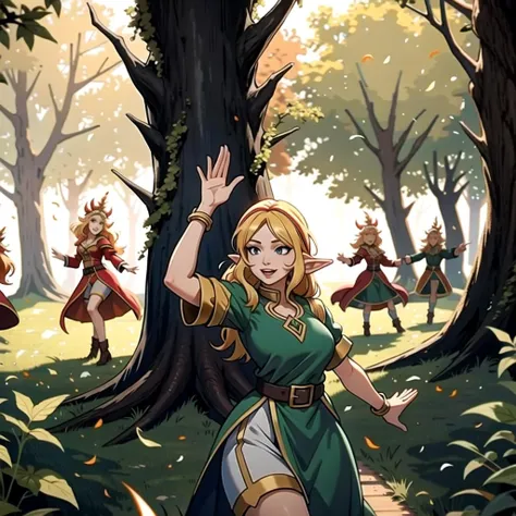 ((masterpiece), best quality, high quality, professional quality, highly detailed, highres, perfect lighting, natural lighting), group of elves, dancing, bonfire, in forest, surrounded by large trees