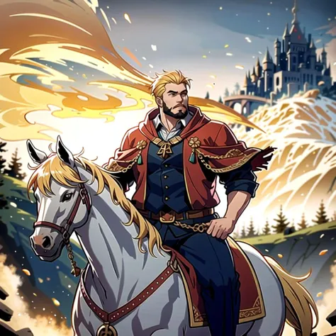 ((masterpiece), best quality, high quality, professional quality, highly detailed, highres, perfect lighting, natural lighting), (1boy, overweight, handsome, facial hair, short hair, blonde hair), wearing wizard robes, riding a horse, on a battlefield