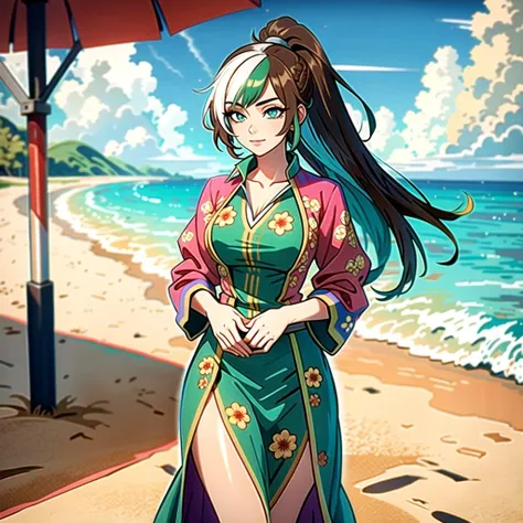 ((masterpiece), best quality, high quality, professional quality, highly detailed, highres, perfect lighting, natural lighting), (1girl, beautiful, medium breasts, (multicolored hair, white hair,brown hair,green hair, long hair, high ponytail), perfecteyes eyes), (wearing slow flake print, extremelyBeautiful_beautifulclotheswild/Extremely beautiful clothes), on the beach, walking the boardwalk, <lyco:locon_perfecteyes_v1_from_v1_64_32:0.6>