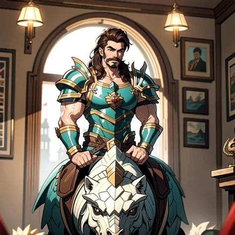 ((masterpiece), best quality, high quality, professional quality, highly detailed, highres, perfect lighting, natural lighting), (1boy, muscular, handsome, mustache, medium length hair, brown hair), wearing armor, riding a dragon, in a fantasy town