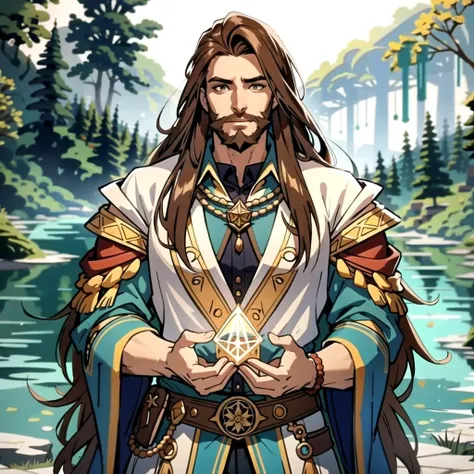 ((masterpiece), best quality, high quality, professional quality, highly detailed, highres, perfect lighting, natural lighting), (1boy, muscular, handsome, long beard, long hair, brown hair), wearing wizard robes, casting a spell, by a lake