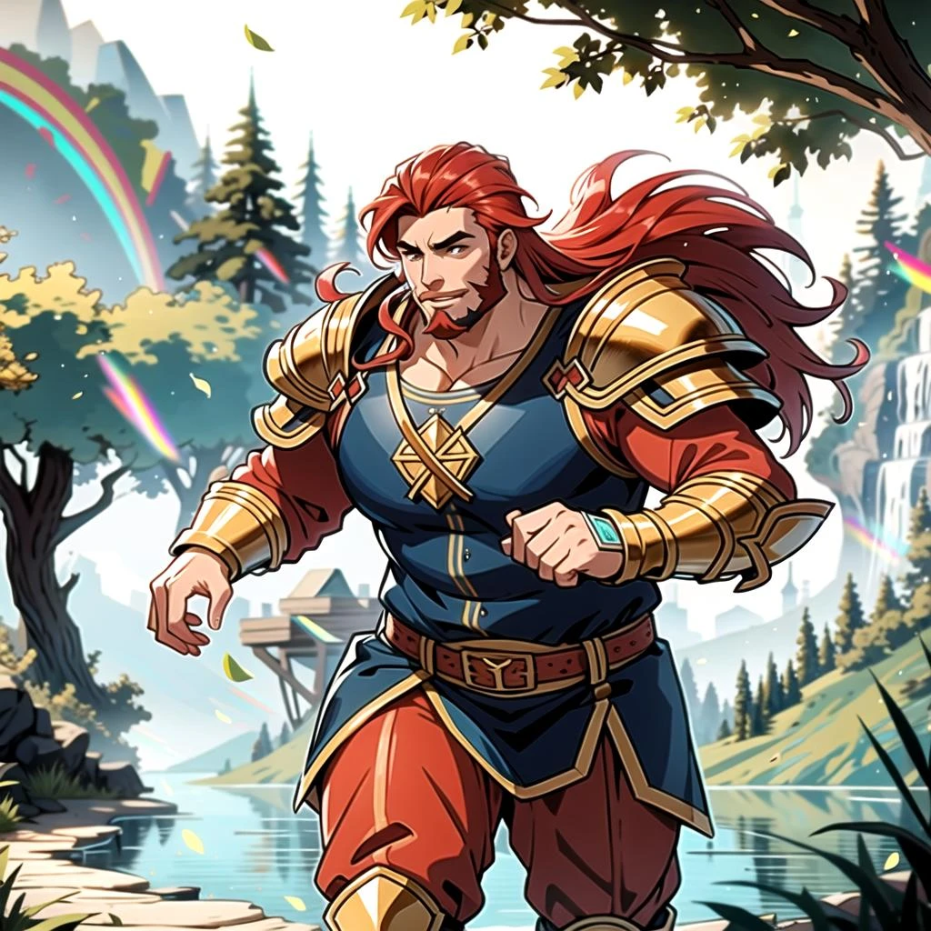 ((masterpiece), best quality, high quality, professional quality, highly detailed, highres, perfect lighting, natural lighting), (1boy, overweight, handsome, facial hair, long hair, red hair), wearing armor, running, by a lake