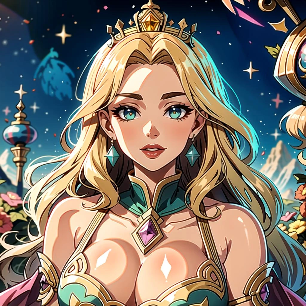 ((masterpiece), best quality, high quality, professional quality, highly detailed, highres, perfect lighting, natural lighting), Illusionist, Ruler, Average Height, In Shape, Diamond-Shaped Face, Fair Skin, Dark Brown Hair, amethyst Eyes, Straight Nose, Full Lips, Round Chin, Verdi, Buzz Cut, Afro, A sprawling dwarven city, carved deep into the heart of a mountain,Make a top-notch, best quality masterpiece, Enchanting goddess with ethereal beauty and a crown of stars, Empress, Short, Lean, Diamond-Shaped Face, Olive Skin, Black Hair, Blue Eyes with Green Flecks, [[Curved Nose]], Full Lips, Round Chin, Shoulder-Length Hair, Wavy Hair, Shoulder-Length Curls, large breasts, Dangle earrings, silver metallic lipstick, renaissance oil painting, glossy, Machine,A rhythmic arrangement of repeated patterns, creating a sense of movement and rhythm, Camellia, Within a shimmering sanctuary, a garden of jewels blooms, its iridescent blossoms sparkling with ethereal beauty, Citrine, Silky luster that imparts a soft and gentle glow, Wrapped up, Visionary, Average Height, Fit, Triangular Face, Dark Skin, Blonde Hair, Amber Eyes, [[Curved Nose]], Thin Lips, Receding Chin, Long Hair, Straight Hair, Smooth Waves, soft breasts, Stud earrings, mauve velvet lipstick